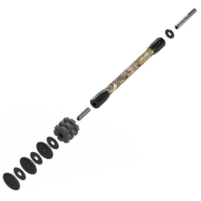 Bee Stinger Microhex hunting stabilizer with camo pattern and component parts exploded view