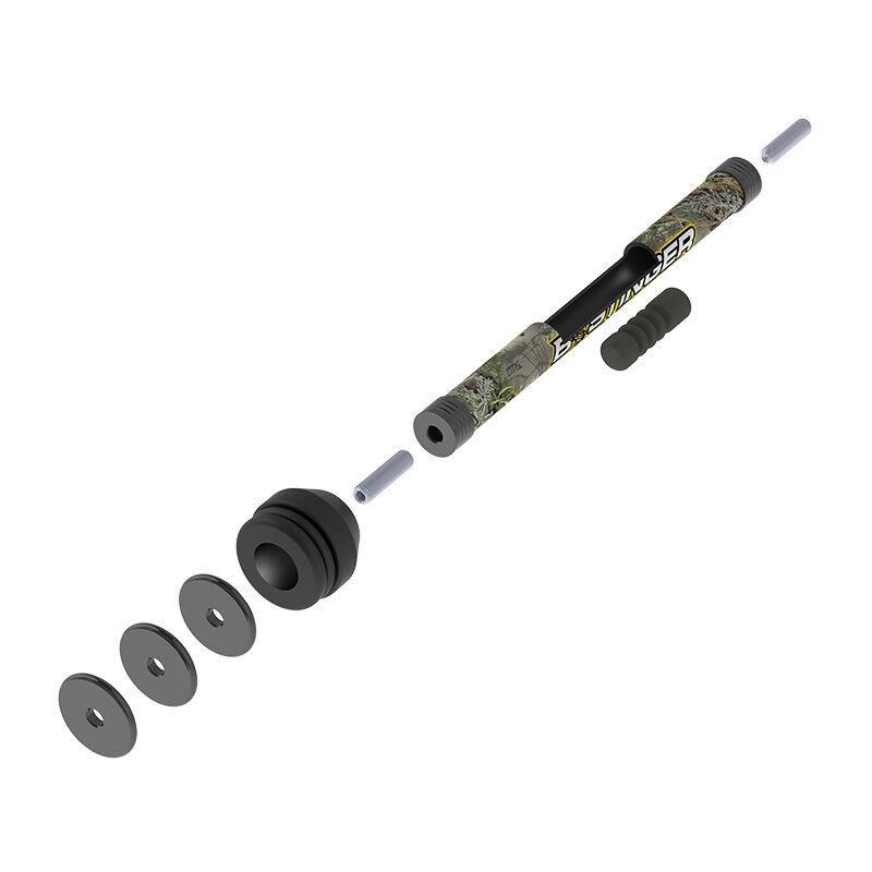 Bee Stinger Archery Sport Hunter Xtreme stabilizer with camo pattern and accessories