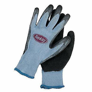 Pair of Berkley coated grip gloves with blue knit fabric and black rubber palms