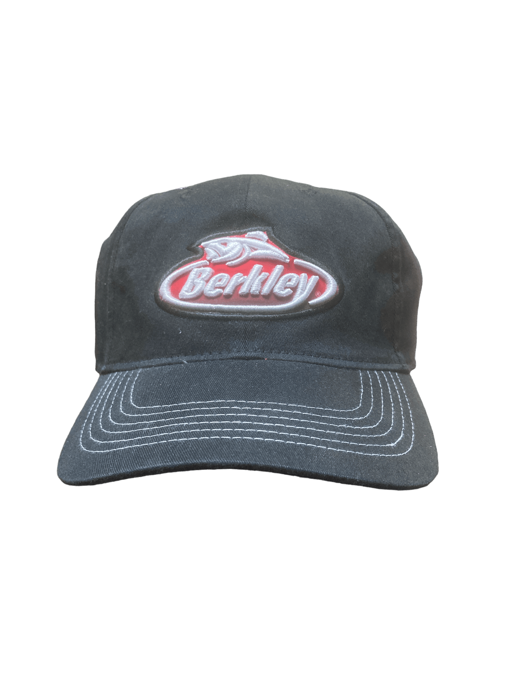 Black Berkley Flexfit cap with red and white embroidered fish logo on front