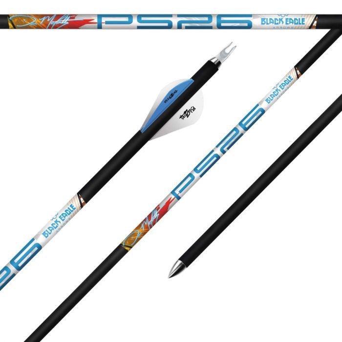 Black Eagle PS26 archery arrows with blue fletching and premium shaft graphics
