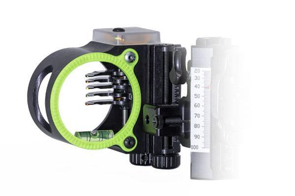 Black Gold Archery Pro Sight with fiber optic pins and bubble level against white background