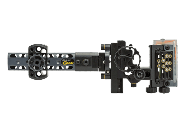 Black Gold Archery Pro Sight with multiple pins, adjustable mounting bracket, and gold logo