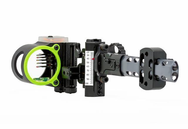 Black Gold archery pro sight with green ring and multiple pins on white background