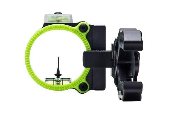 Black Gold Archery Rush bow sight with green ring and level, close-up on white