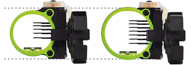 Black Gold Archery Rush bow sight with five pins and green sight ring, side by side