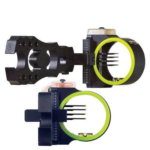 Black Gold Archery Rush bow sight with fiber optic pins and neon yellow ring, close-up