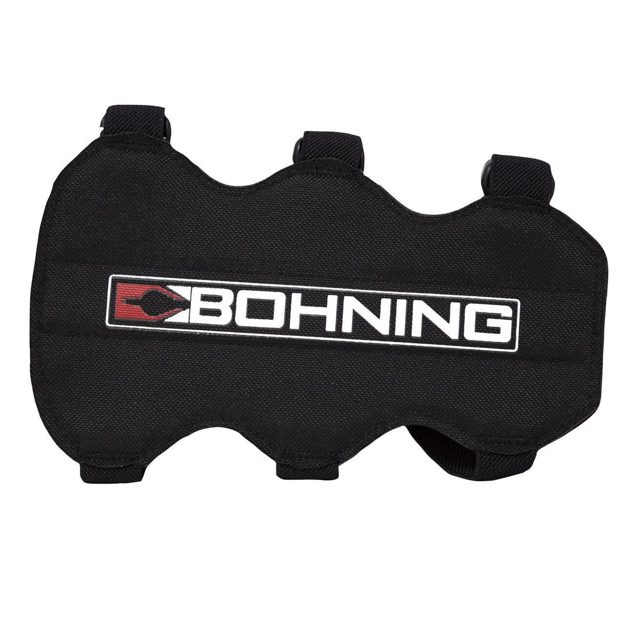 Bohning black 3-strap archery armguard with logo on plain white background