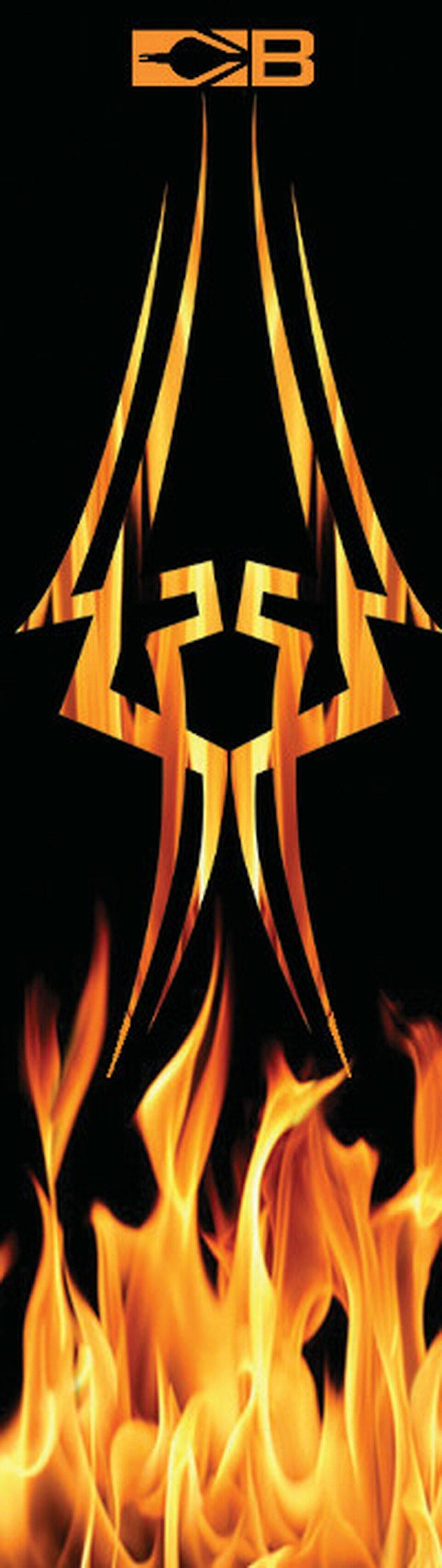 Bohning Archery HD arrow wrap with orange tribal design and flames on black background