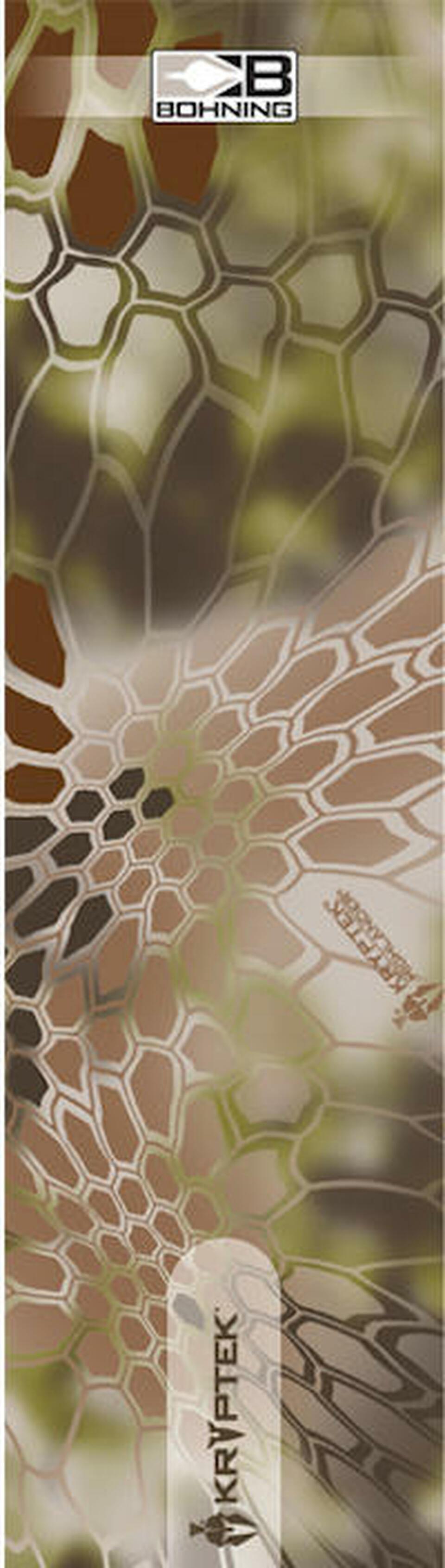 Bohning Archery arrow wrap in Kryptek camo pattern with logos, brown and green design
