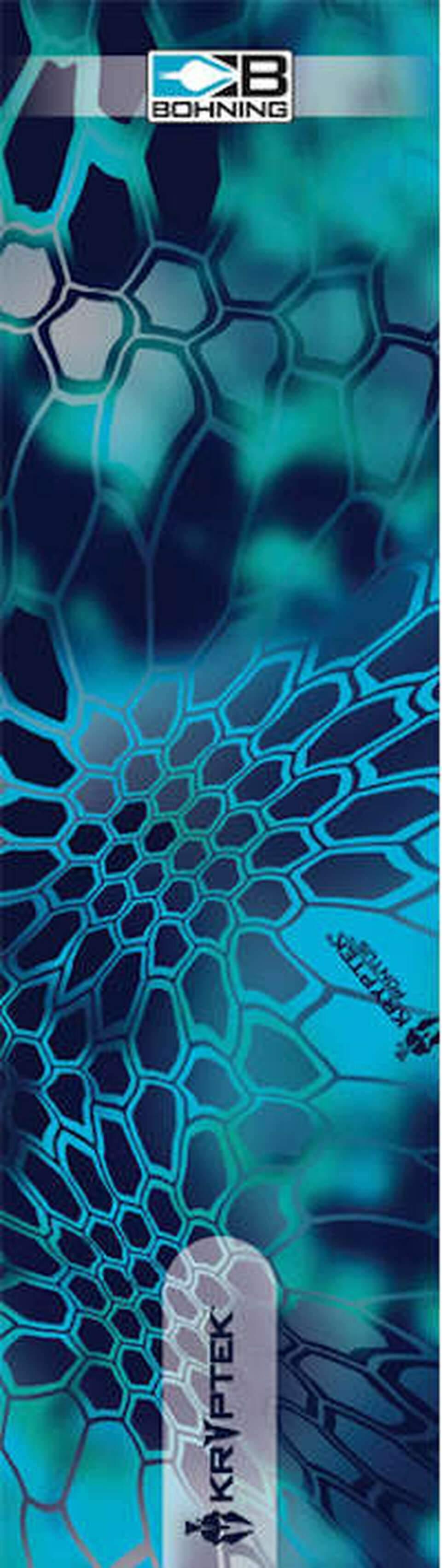 Bohning arrow wrap with blue Kryptek camo pattern and logos for archery accessories.