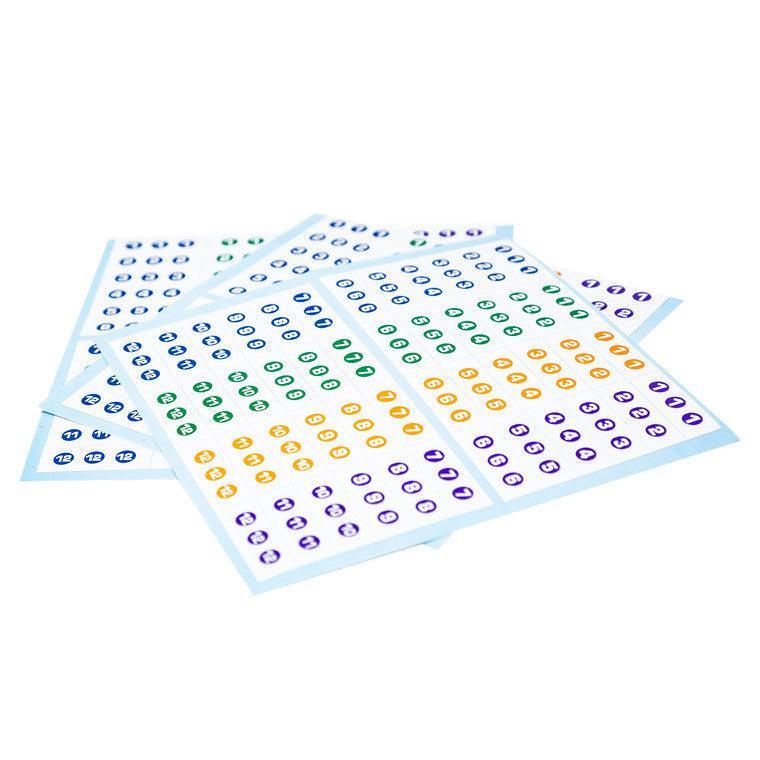 Sheets of Bohning archery arrow numbering decals with colored numbers on white background