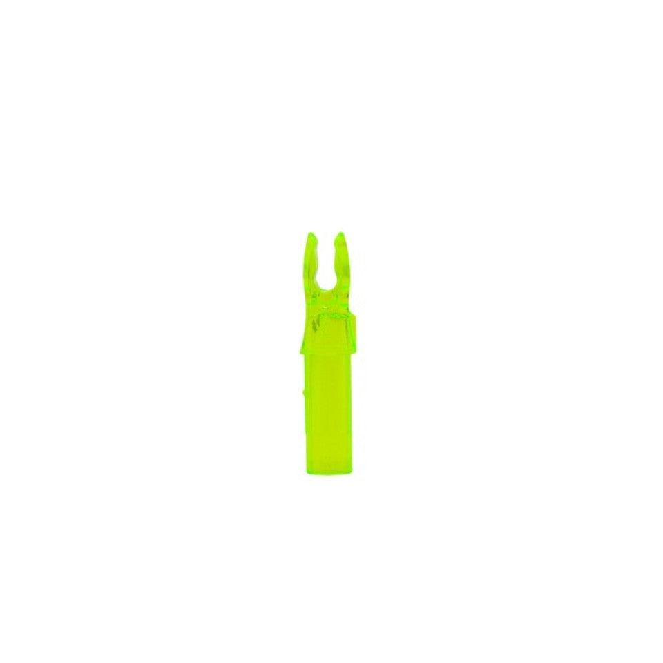 Neon green Bohning Blazer arrow nock for archery on a white background