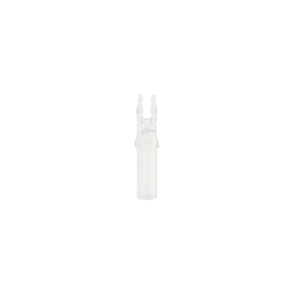 Clear Bohning Blazer nock for arrows, .246 ID, on white background