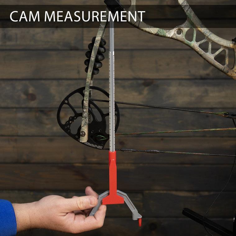 Bohning archery bow square measuring compound bow cam against wooden background