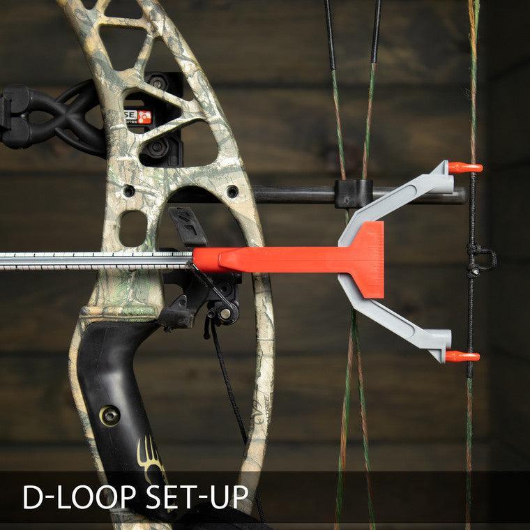 Compound bow with Bohning bow square tool attached for D-loop setup