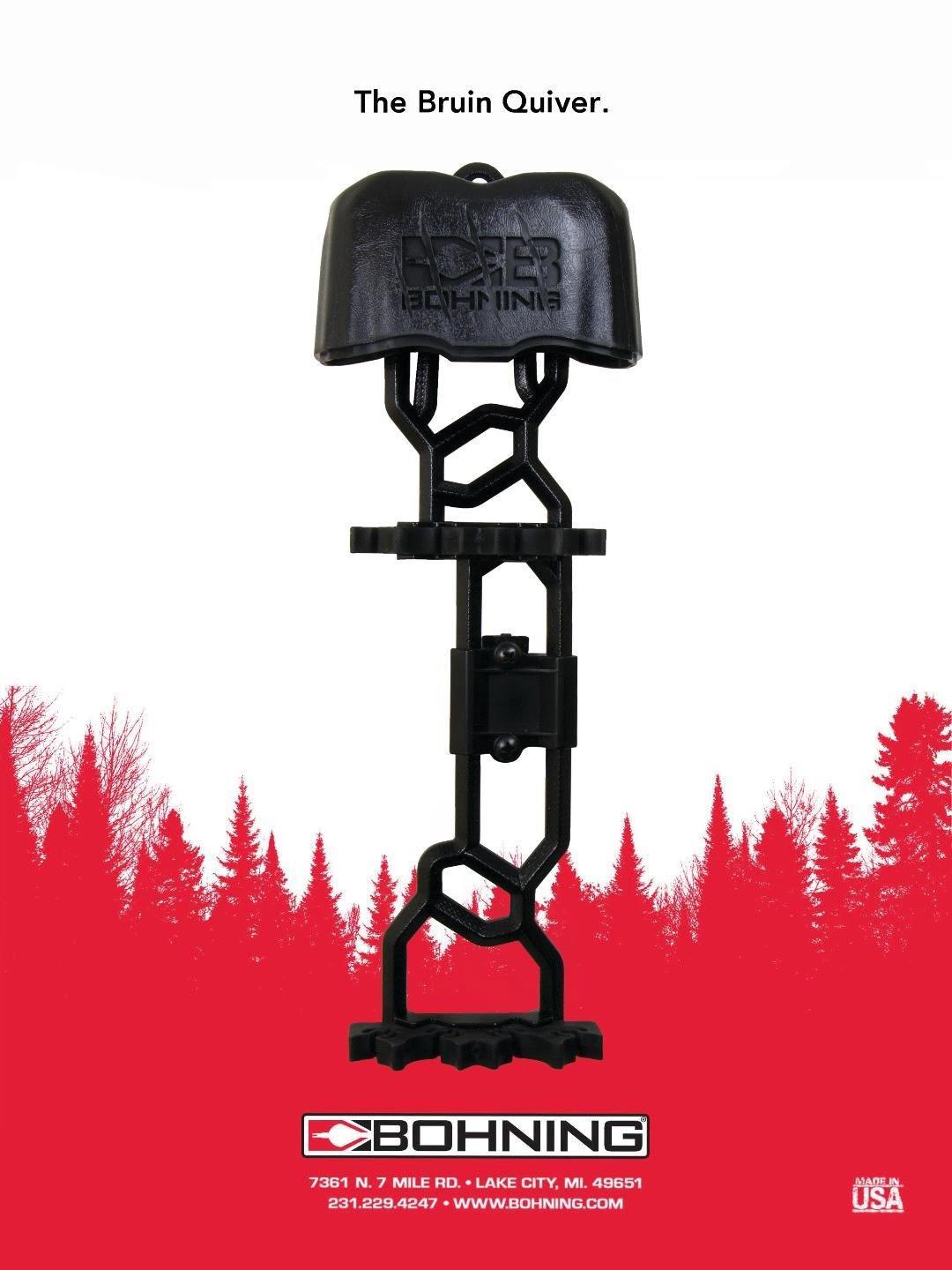 Bohning Bruin Quiver black archery accessory on red forest background, product display