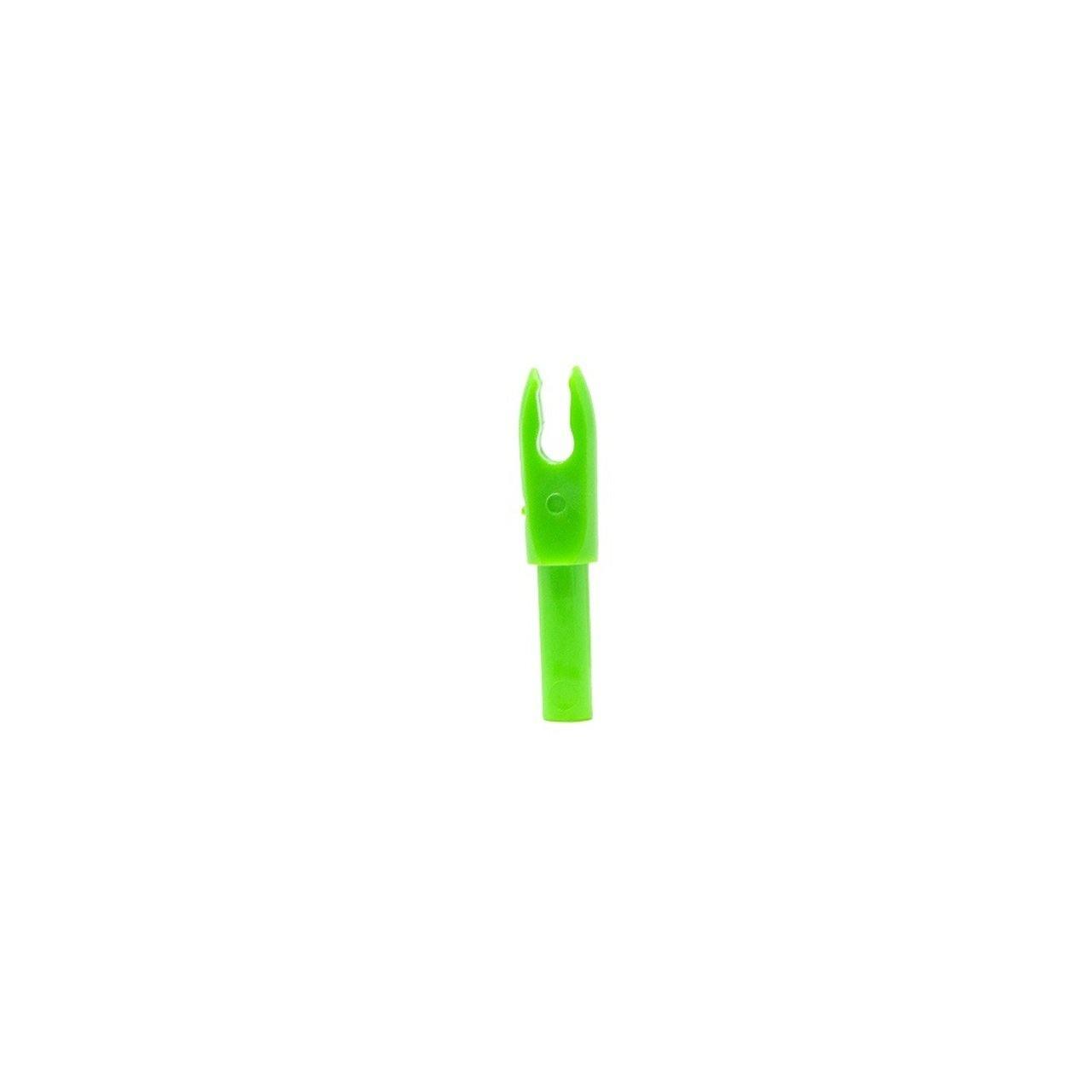 Neon green Bohning archery F nock for .166 shafts on white background