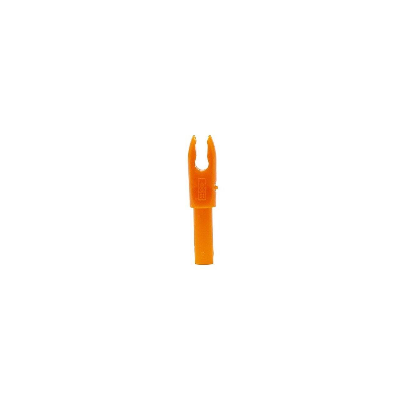 Orange Bohning F-Nock for .166 arrow shafts, archery accessory on white background