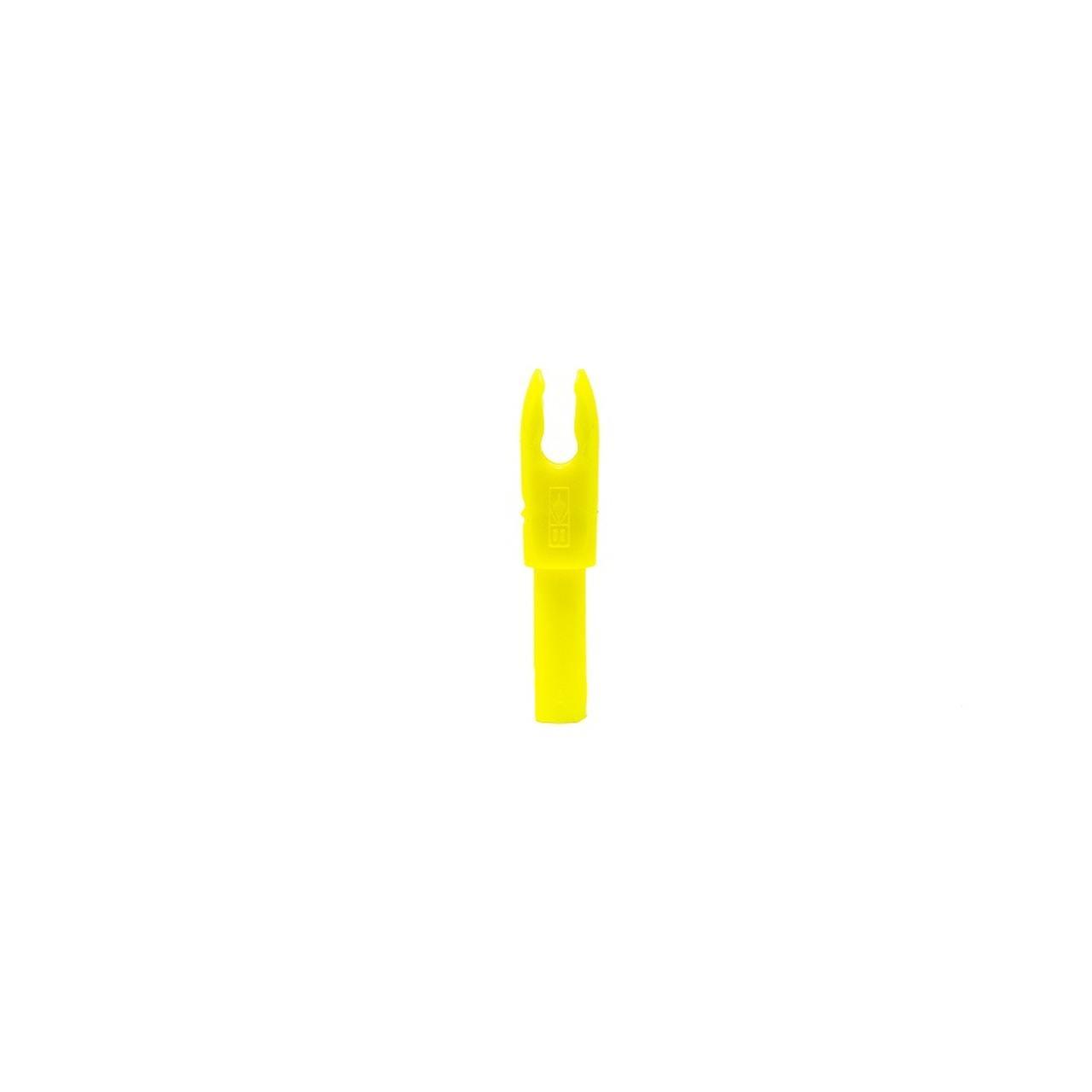 Neon yellow Bohning archery F-nock for .166 arrow shafts on white background