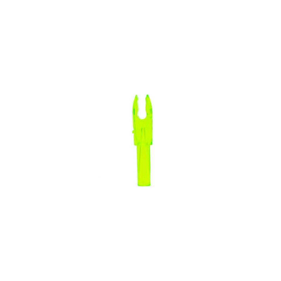 Neon green Bohning archery F nock for .166 shafts on white background