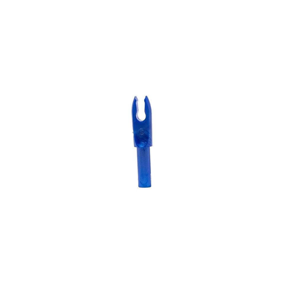 Blue Bohning archery F nock for .166 shafts on white background