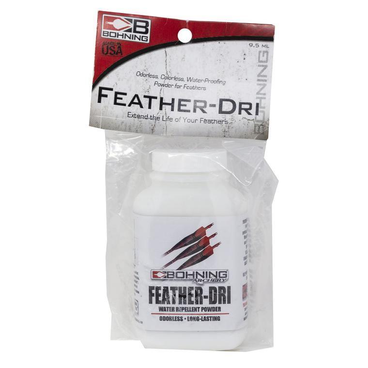 Bohning Feather-Dri water repellent powder bottle in retail packaging, archery accessory