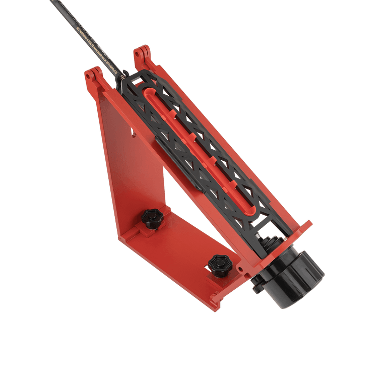 Bohning archery Frontier Jig fletching tool, red and black, with arrow in place