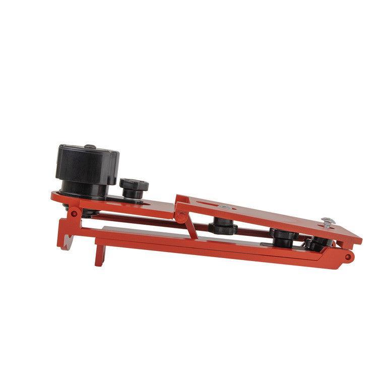 Red Bohning Archery Frontier jig with adjustment knobs on white background