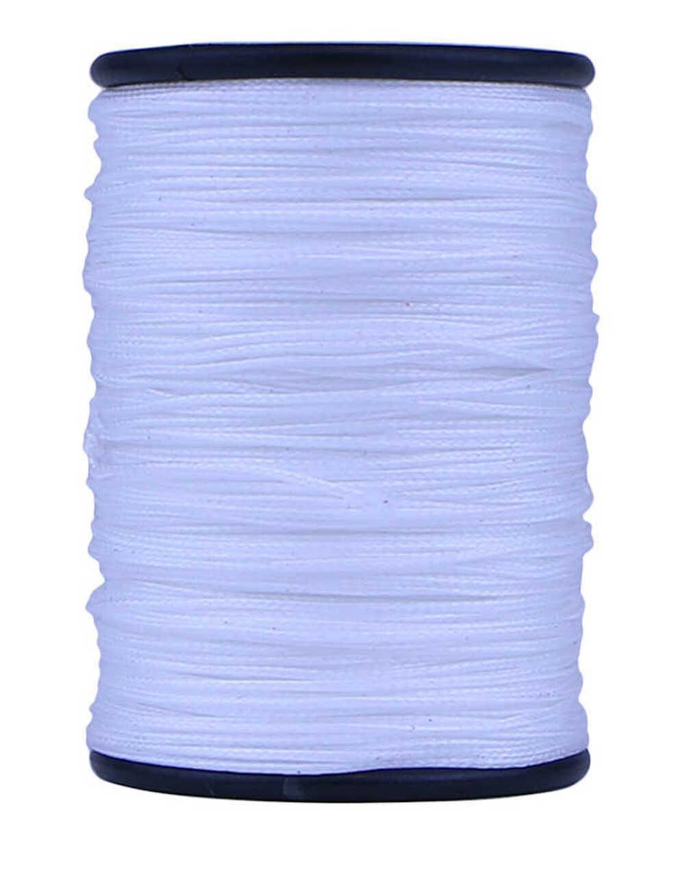 White Bohning Halo serving thread spool for archery on a plain background