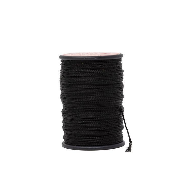 Black nylon archery serving thread spool on a white background