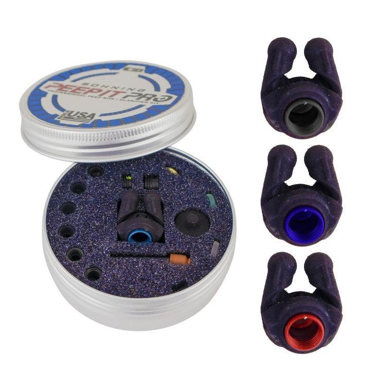 Bohning Archery Peep It Pro Kit with assorted peep sights and components in a foam-lined tin
