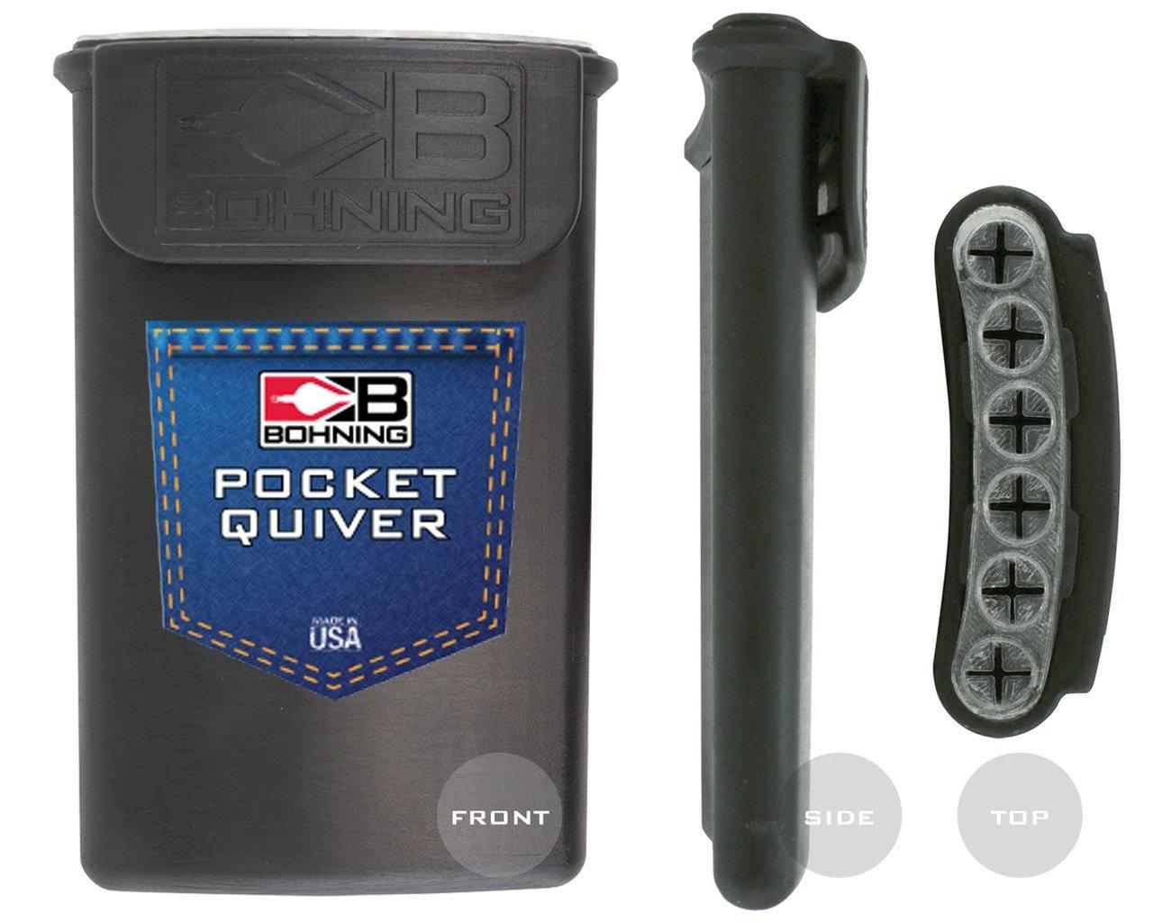 Bohning Archery Pocket Quiver black case front, side, and top views on white background