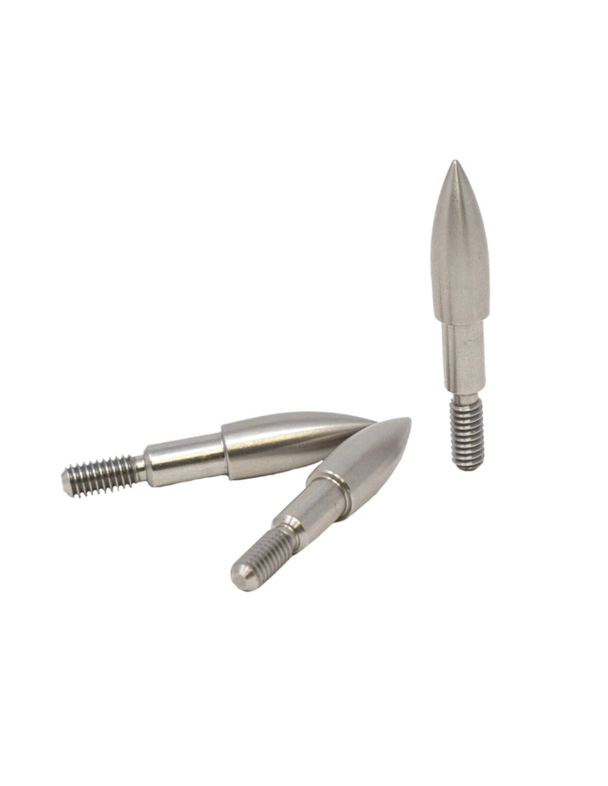 Stainless steel archery bullet screw-in points on white background