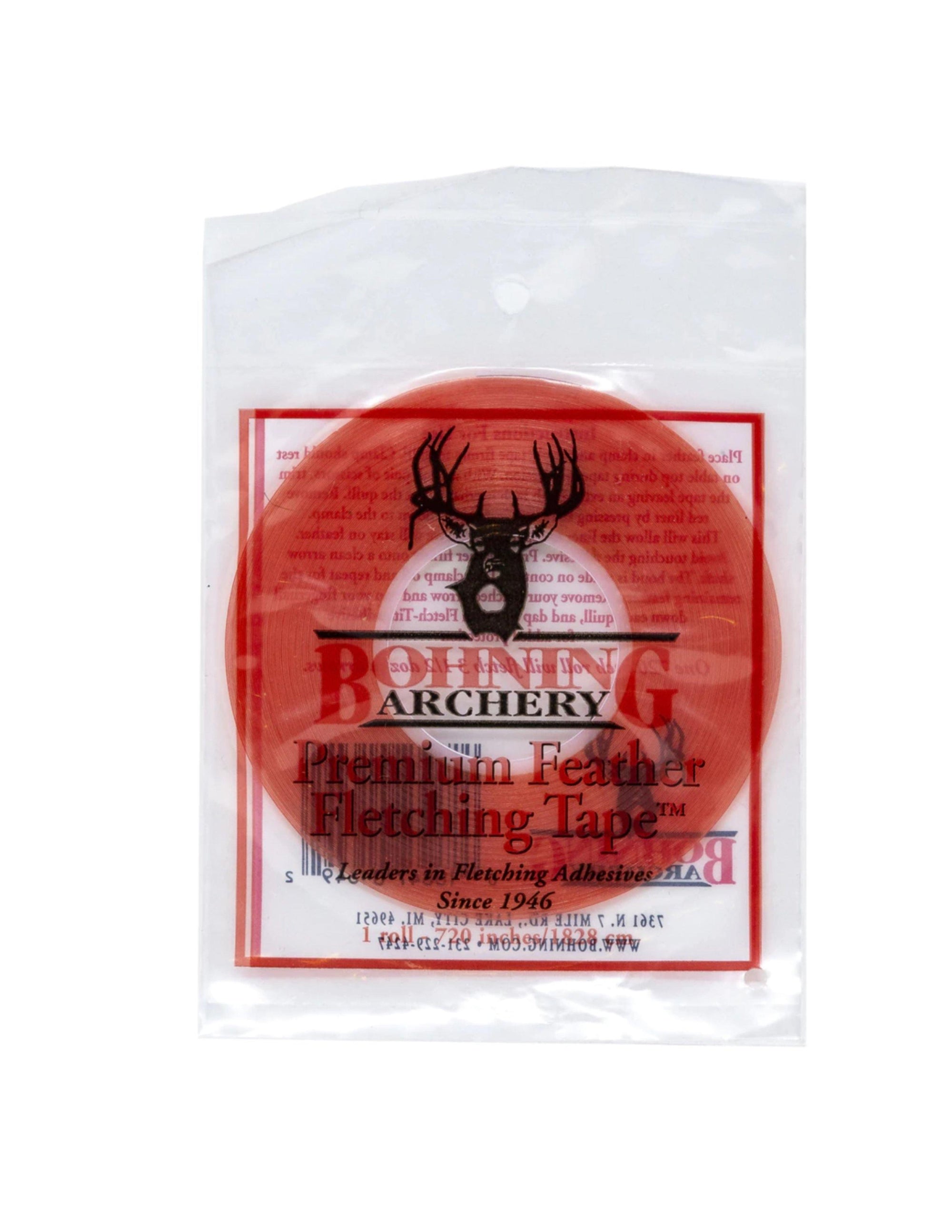 Bohning Archery Premium Feather Fletching Tape in retail package, red roll, clear bag.
