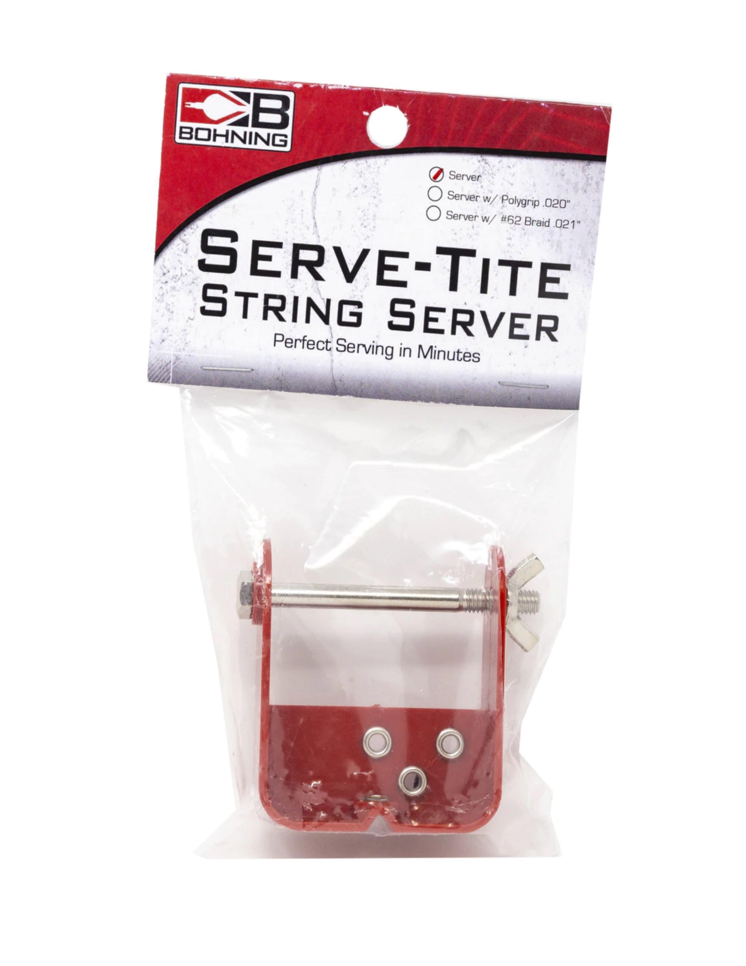 Bohning Serve-Tite String Server in red metal, packaged for archery string serving