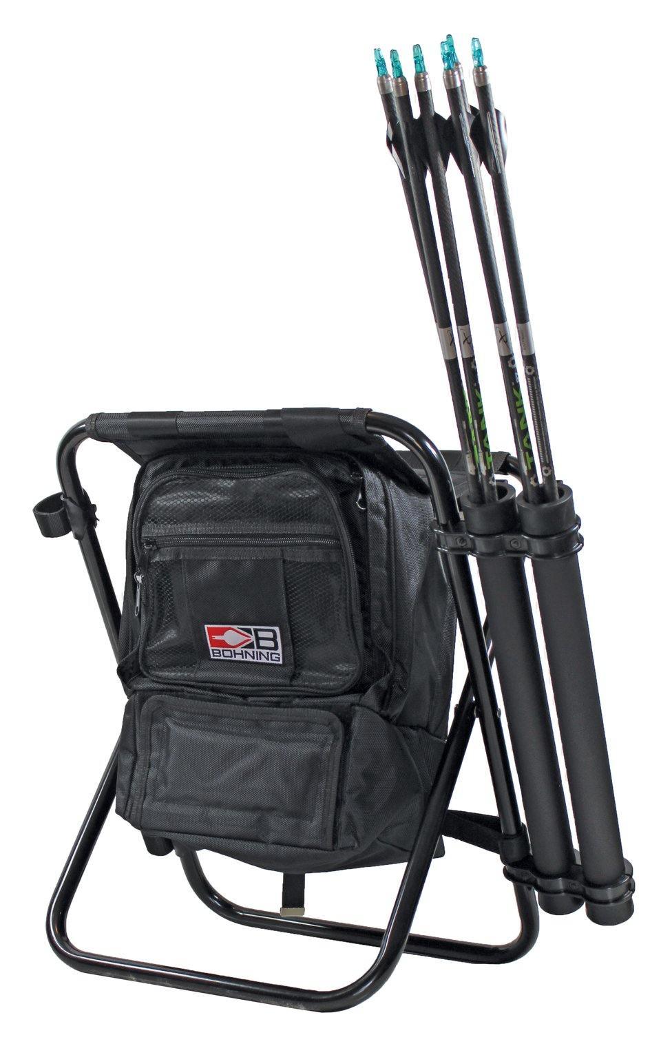 Bohning archery shooter stool with arrow tubes and umbrella holder, black bag design