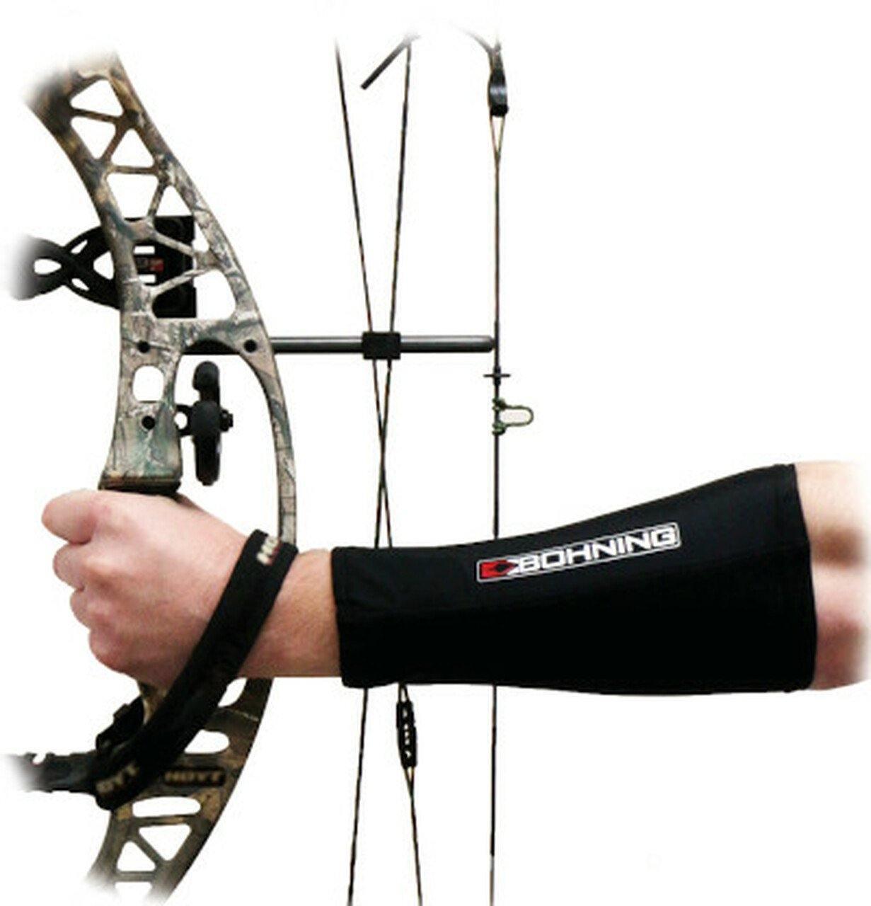 Bohning Archery slip-on armguard worn on arm holding a compound bow