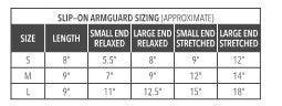 Bohning slip-on armguard size chart with small, medium, large sizing and measurements.