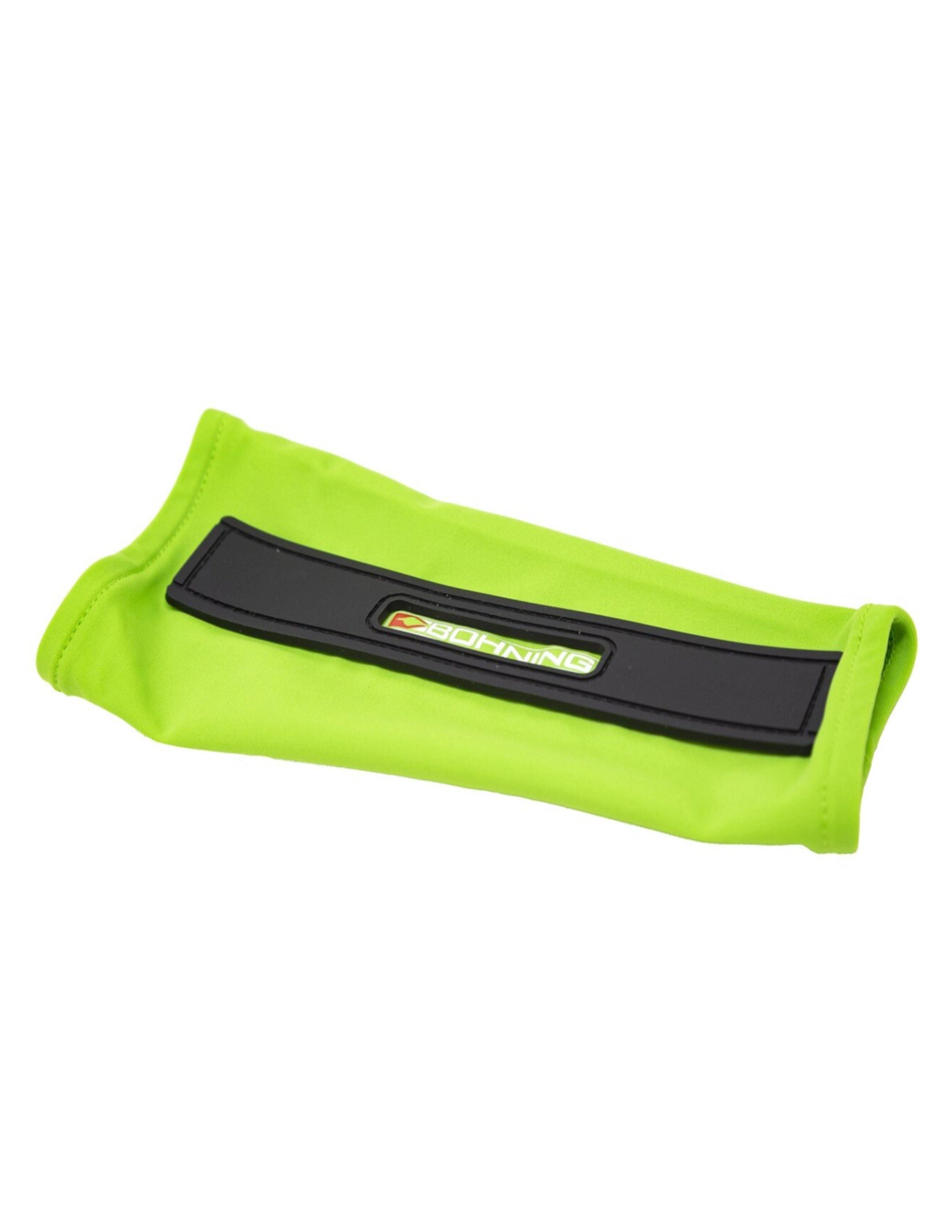 Bohning Archery slip-on armguard neon green with black protective strip on white background