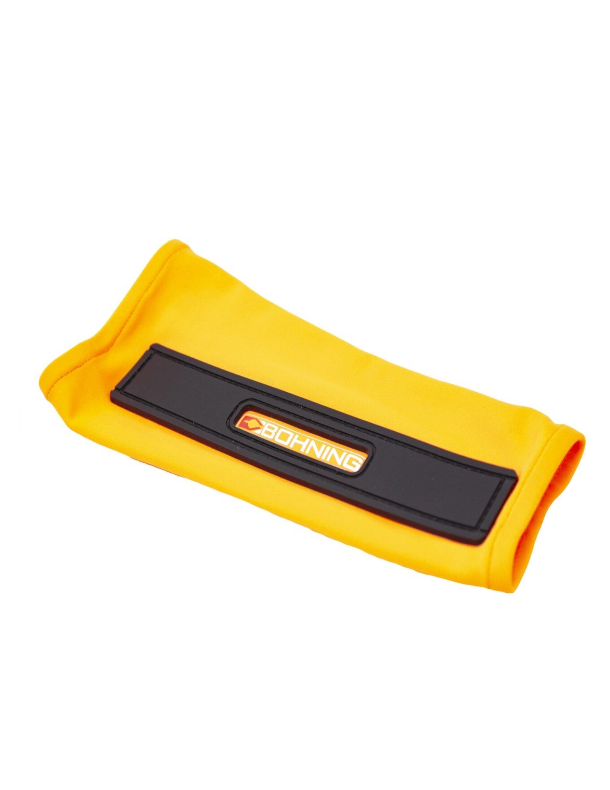 Yellow Bohning archery slip-on armguard with black accent on white background