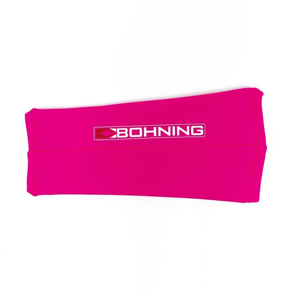 Bright pink Bohning archery slip-on armguard on white background