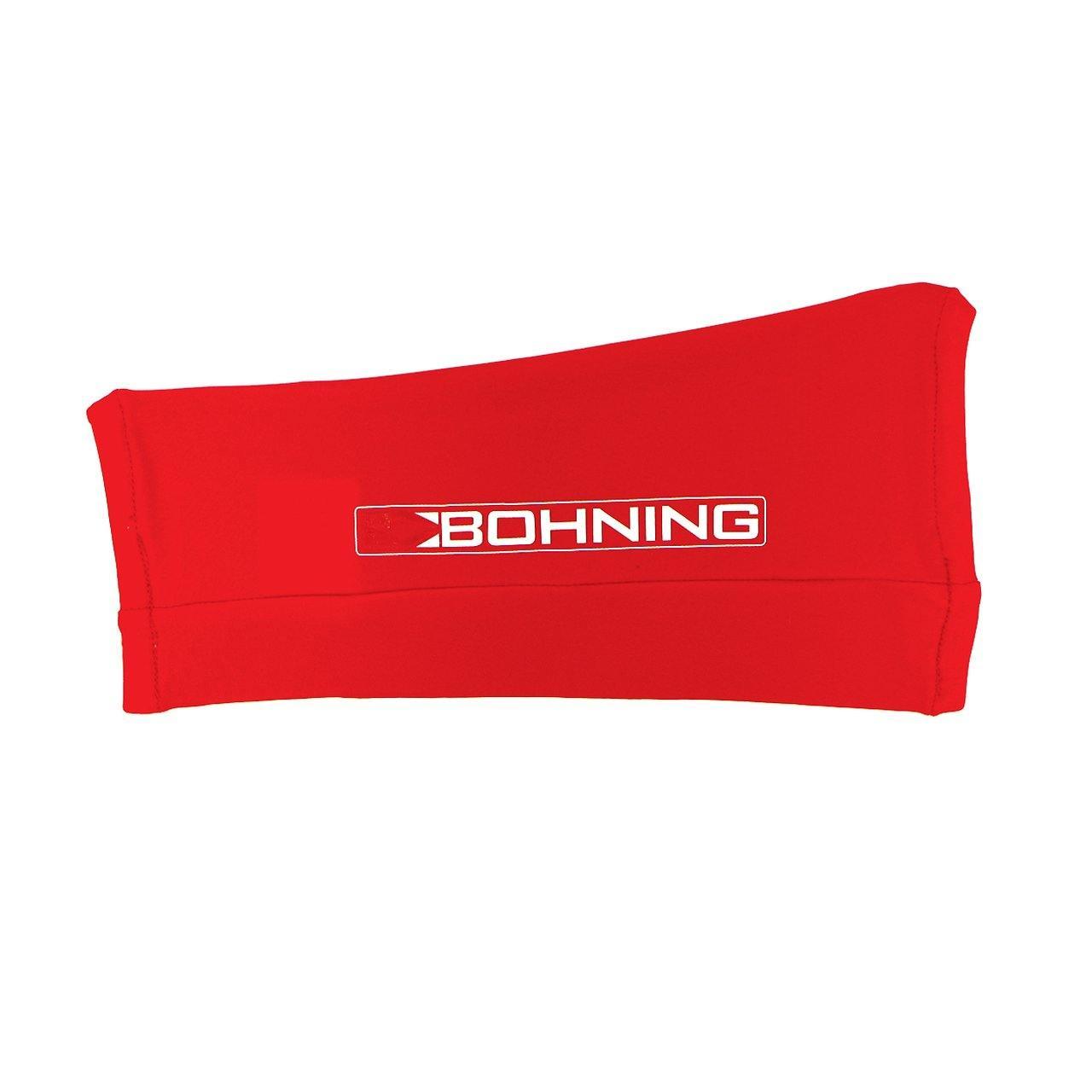 Red Bohning archery slip-on armguard with white logo on plain background