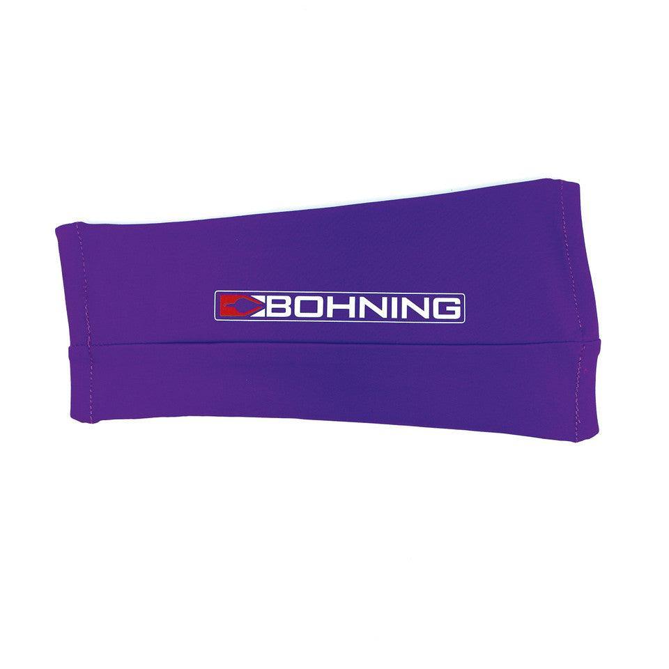 Purple Bohning archery slip-on armguard with logo on white background