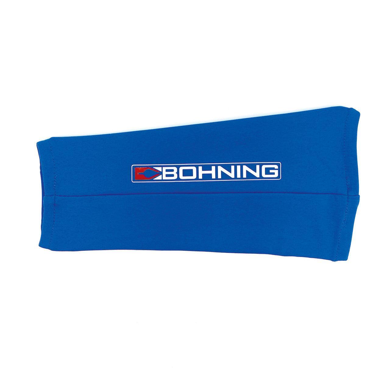 Blue Bohning archery slip-on armguard with logo on white background
