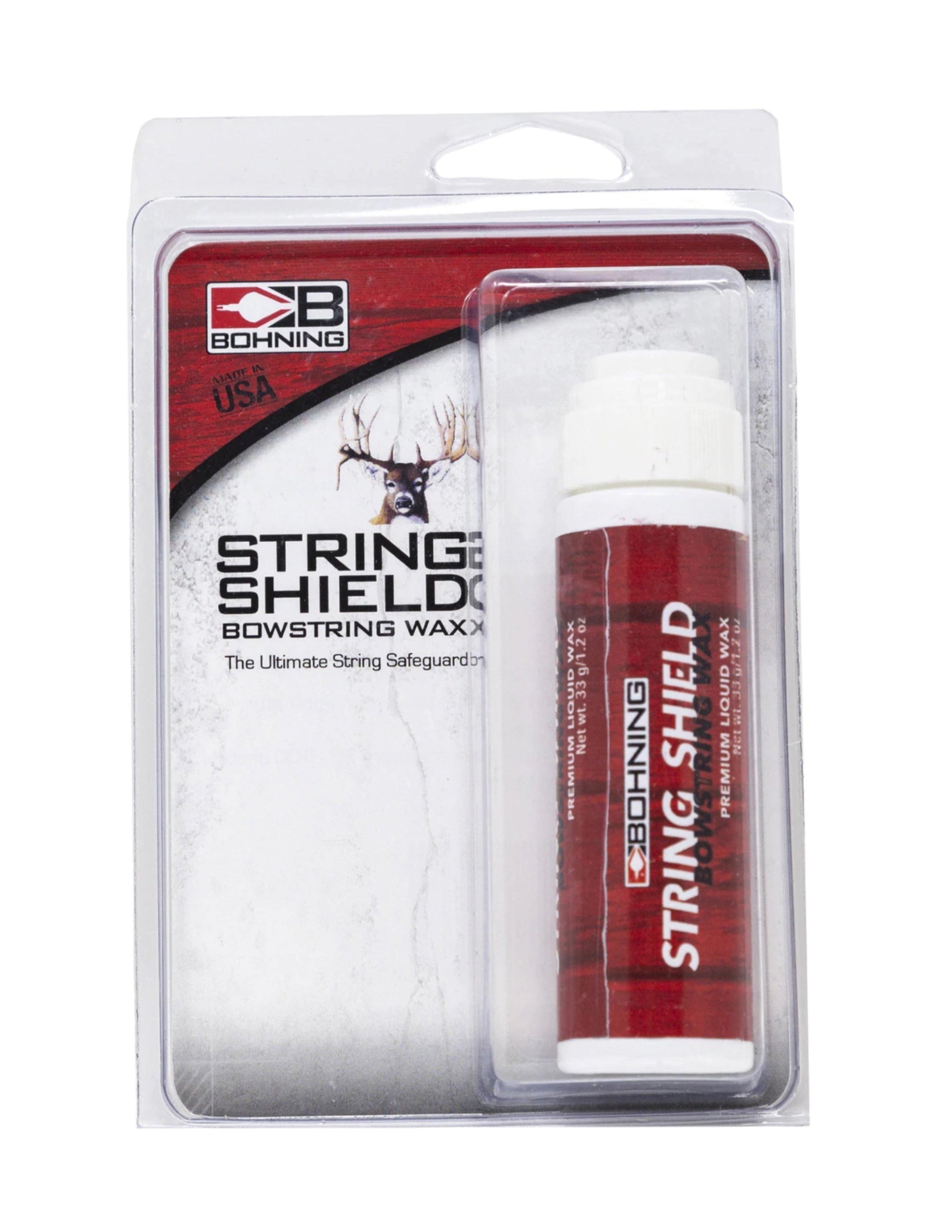 Bohning String Shield bowstring wax in retail packaging with red label and deer graphic