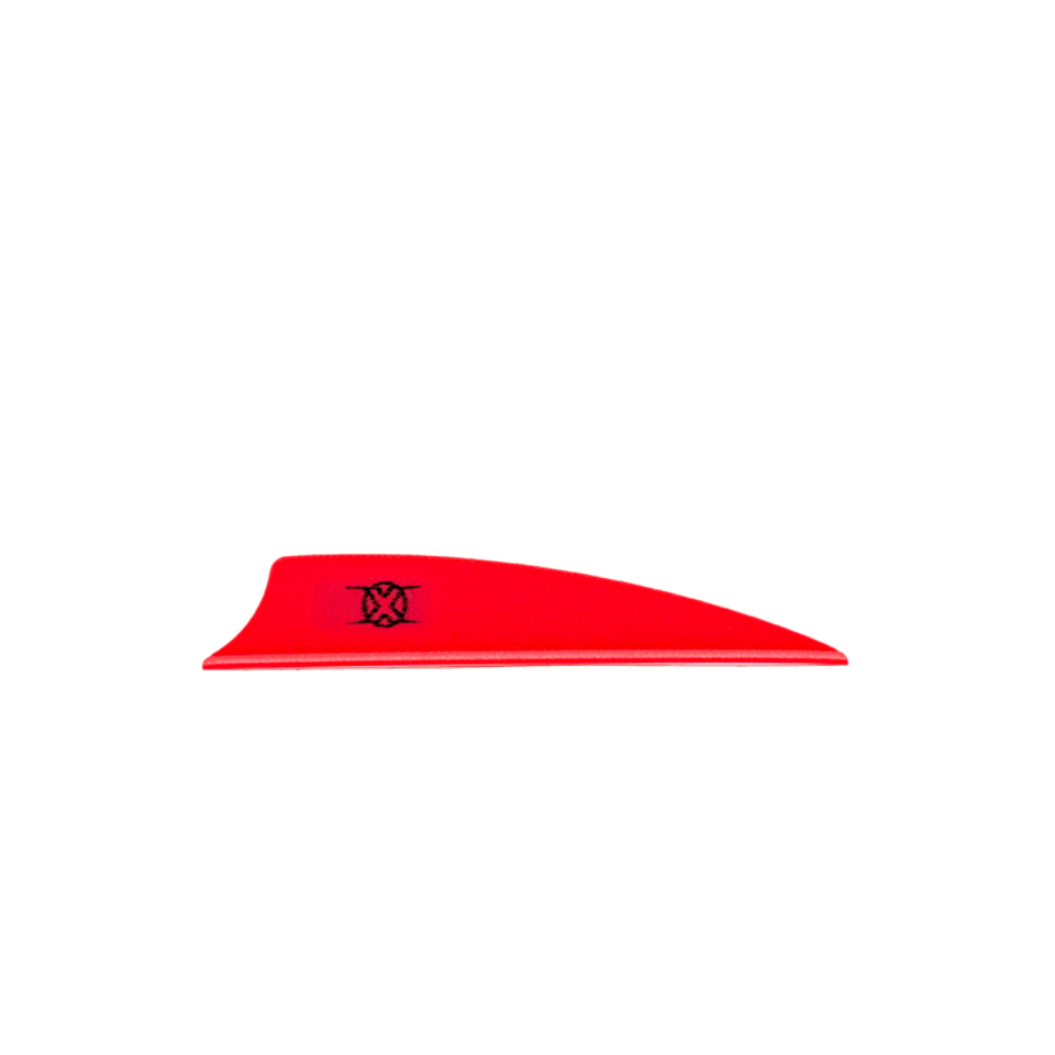 Red Bohning archery X vane shield cut arrow fletching with black logo on gray background