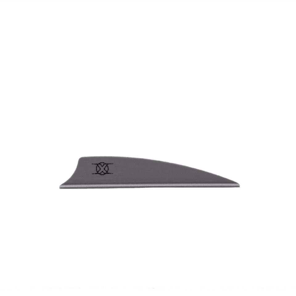 Gray Bohning Archery X Vane Shield Cut 2.25 inch arrow fletching on plain background