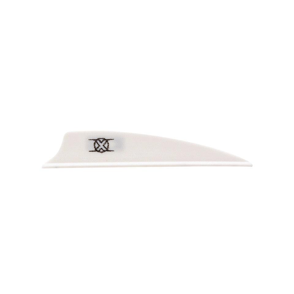 White Bohning Archery X Vane shield cut arrow vane with black logo on white background