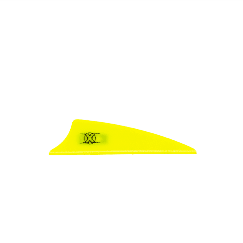 yellow Bohning X Vane archery fletching with shield cut on gray background